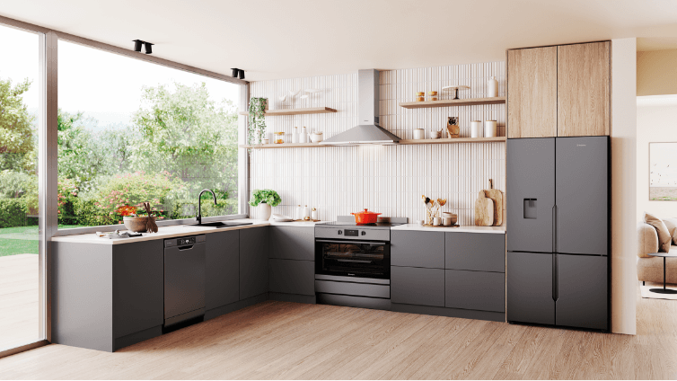 Black Westinghouse Dishwasher in black and white kitchen.