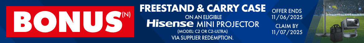 BONUS Freestand & Carry Case on an eligible Hisense Mini Projector Via Supplier Redemption