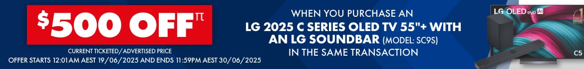 Bundle any 2025 C Series OLED TV (55”+) with a SC9S Sound Bar & receive $500 Off the total purchase price