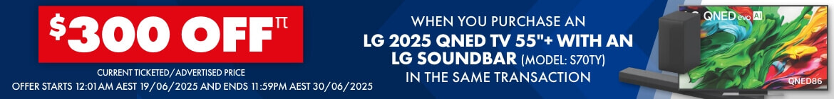 Bundle any 2025 QNED TV (55”+) with a S70TY Sound Bar & receive $300 Off the total purchase price