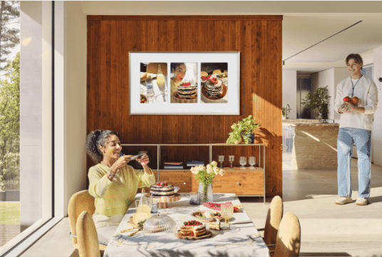 Samsung lifestyle TV in dining room.