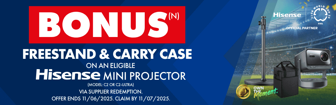 BONUS Freestand & Carry Case on an eligible Hisense Mini Projector Via Supplier Redemption