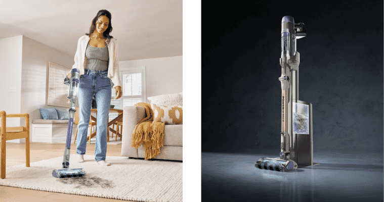 Lifestyle image of a woman using the Shark PowerDetect Clean & Empty System to vacuum her living room floor next to a product image of the Shark PowerDetect Clean & Empty System.