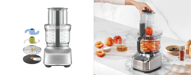 Product image of the Breville Kitchen Wizz 9 next to a lifestyle image of someone blending a peach in the food processor.