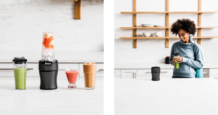 Image of smoothies and shakes lined up on a benchtop next to the Ninja Nutri Precision Blender Mega Pack.