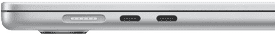 MagSafe port located on the left side, furthest back. Two Thunderbolt ports located on the left side, in front of the MagSafe port