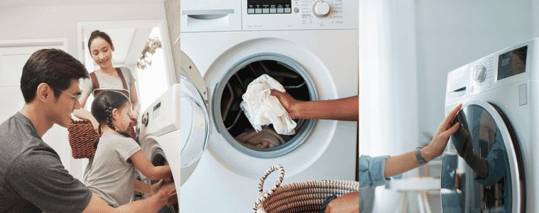 A woman removes freshly dried clothes from the tumble dryer in her laundry.