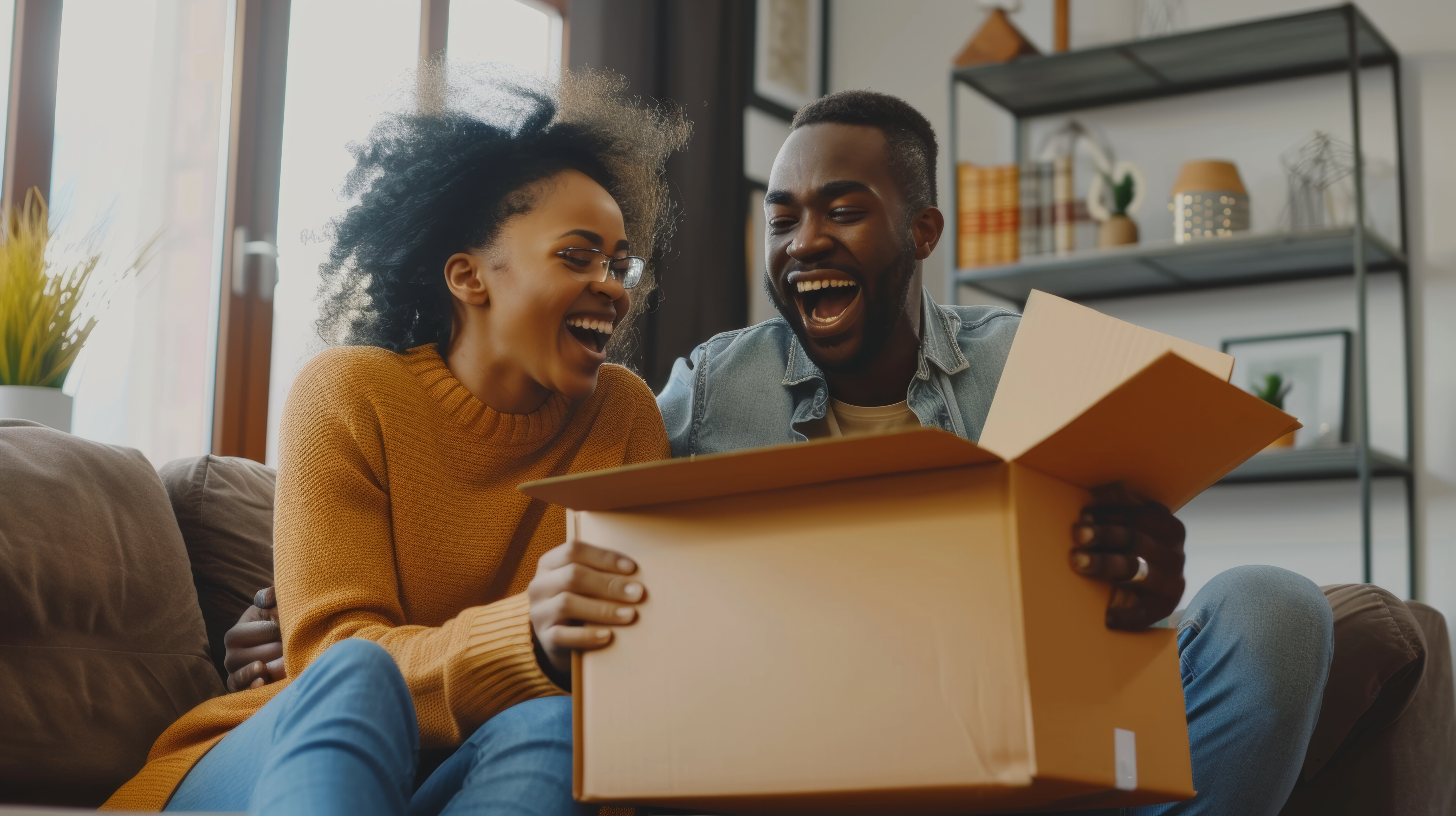 A couple opens up a large Christmas gift box at home.