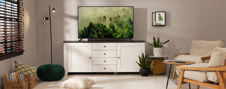 An aerial shot of a forest scene plays on a TV in a living room.