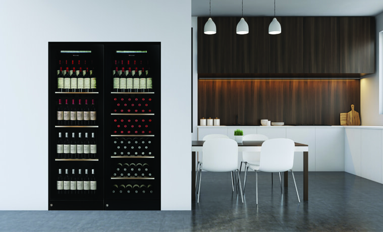 A large wine fridge off the side of a modern kitchen.