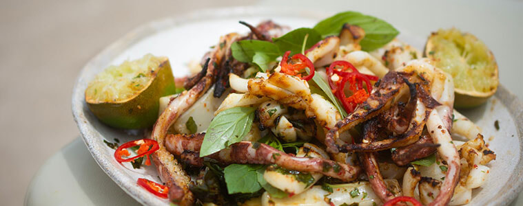 Chilli and Thai Basil Squid on a white plate.