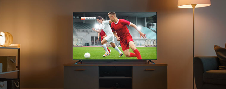 Shot of a living room TV, screening a soccer match.