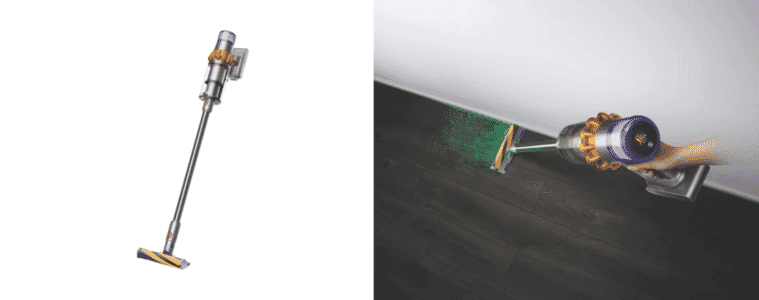 Product image and image of person vacuuming their living space with the Dyson V15 Detect Absolute Cordless Vacuum