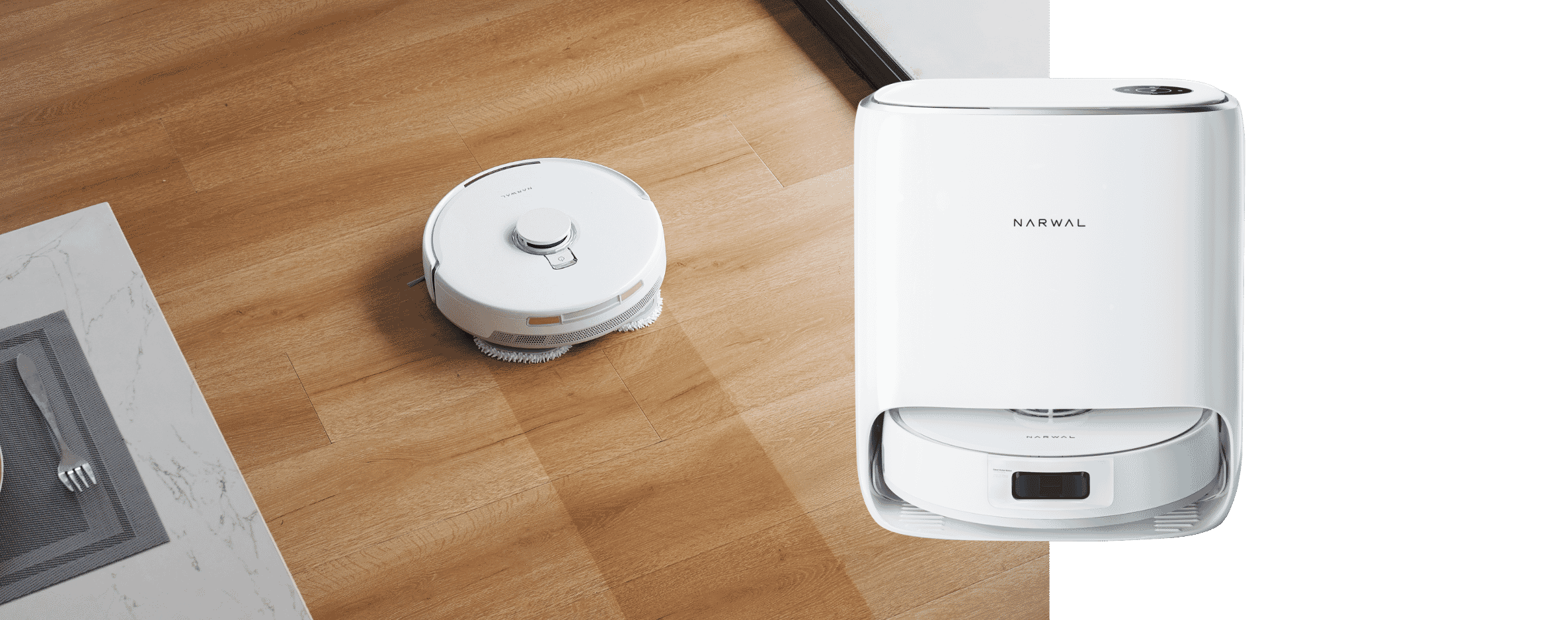 Product and lifestyle image of the Narwal Freo X Ultra Robot Vacuum and Mop