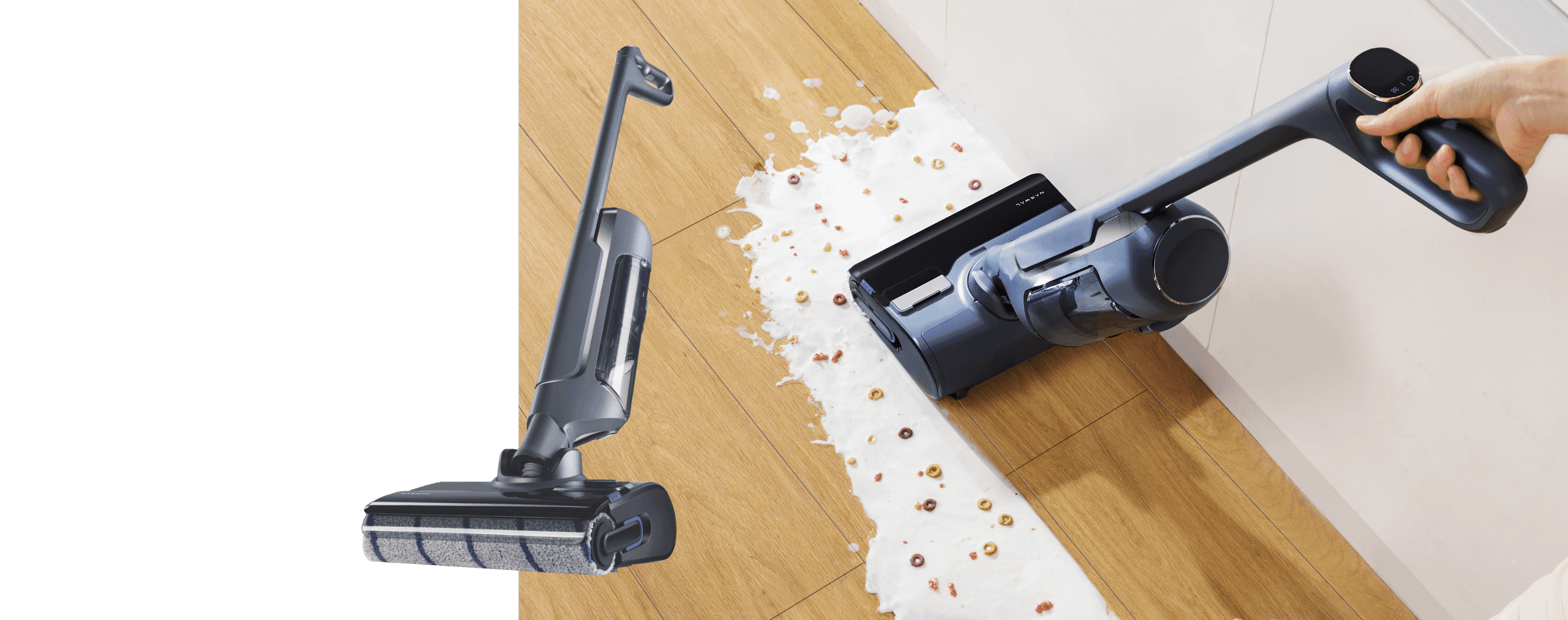 Product and Lifestyle image of the Narwal S20 Pro Wet & Dry Cordless Hard Floor Cleaner