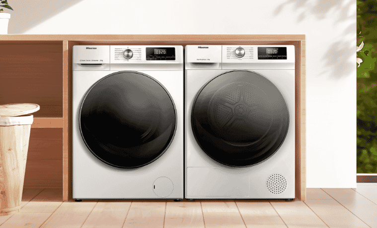 Matching Hisense Washer and Dryer in modern white and wooden laundry. 