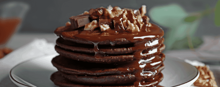 Image of chocolate pancakes on a plate topped with nuts and melted chocolate