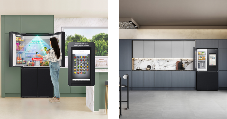 2 images of the Samsung AI Fridge in kitchens. 