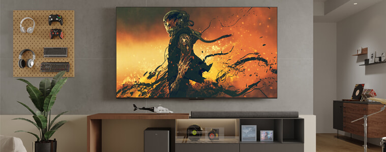 A video game character is displayed on a TCL television in a modern living room.