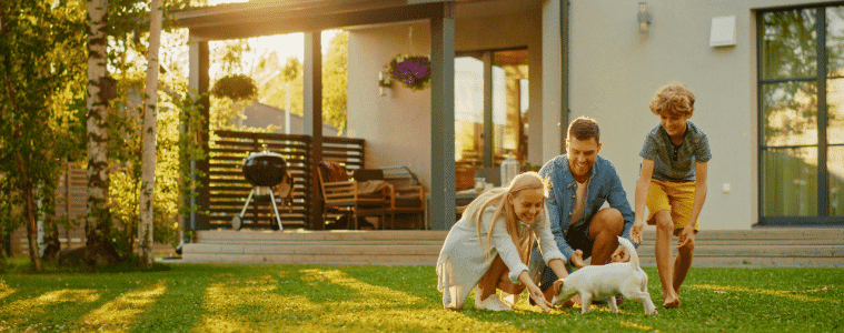 family plays in backyard