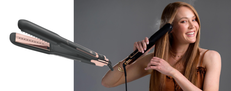 woman straightening hair with VS Sassoon Steam Straight Brilliance