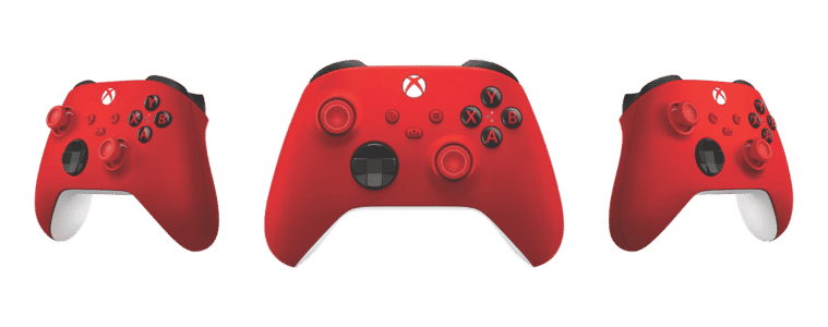 Front and sides on image of an Xbox Wireless Controller in colour red