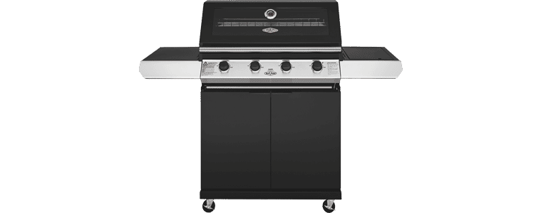 Product image of the BeefEater 1200 Series Black Enamel 4 Burner BBQ & Trolley w/ Side Burner, Cast Iron Burners & Grills