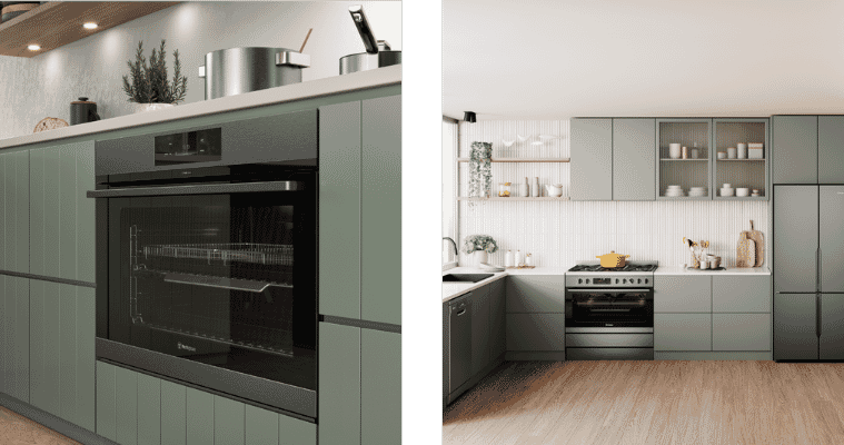 A white and sage green kitchen with Westinghouse kitchen appliances.
