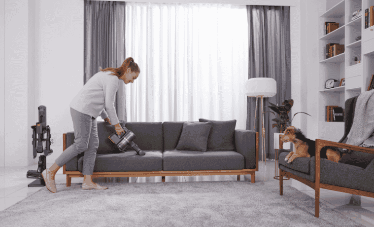 Woman vacuuming her couch with her Pet LG Stick Vacuum with dog watching on an arm chair. 