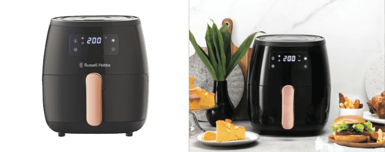 Product image next to lifestyle image of the Russell Hobbs 5.7 Litres Brooklyn Air Fryer