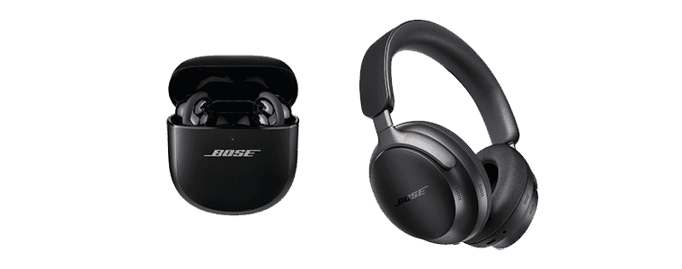 A product shot of the bose Quiet comfort ultra earbuds and Headphones in black