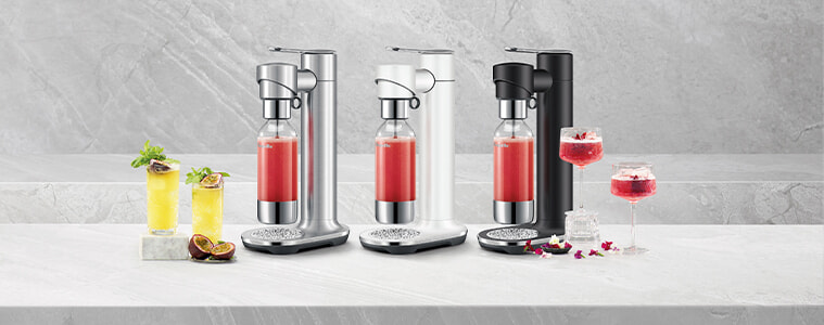 All three models of the Breville InFizz side by side on a white benchtop