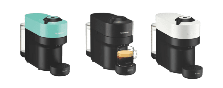 product image of three Nespresso Vertuo Pop Capsule Machines in Aqua Mint, Black Solo and White