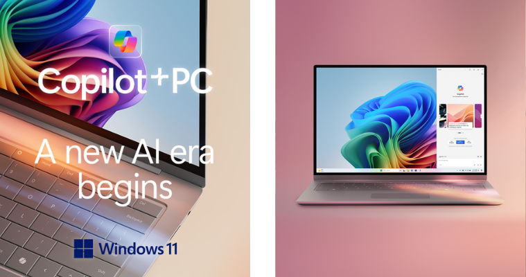 Two images displaying Copilot+ PCs by Microsoft