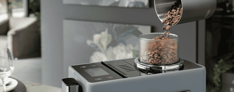 The Rivelia by Delonghi with two interchangeable bean hoppers