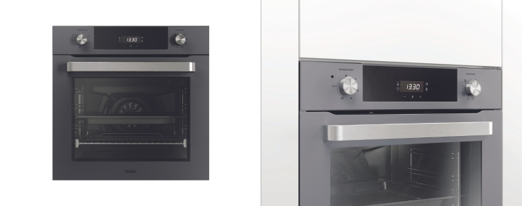 A sleek grey finish haier oven in a modern kitchen