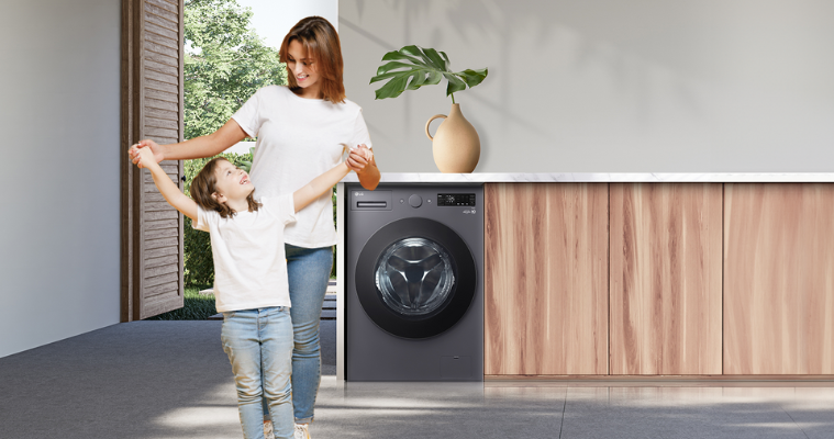 The LG XL Front Load washer in a modern laundry 