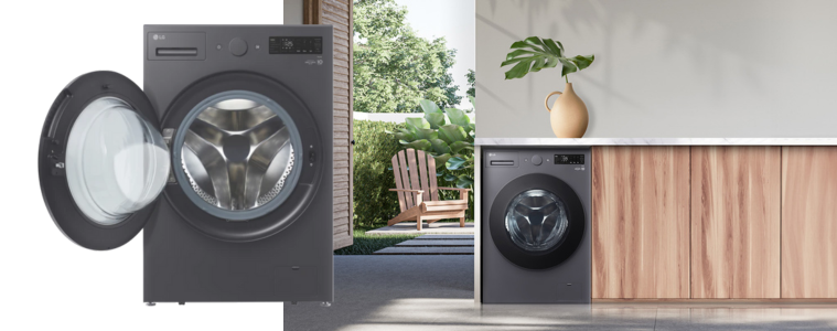 A modern laundry featuring the XL LG front load washer 