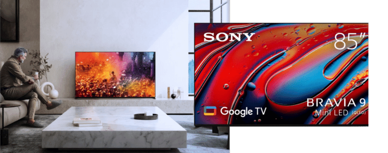 Product image of the Sony 85" BRAVIA 3 4K HDR Google TV 24 next to an image of the Sony 85" BRAVIA 3 TV in a living room.