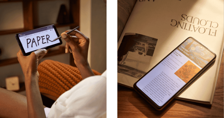 Two TCL images portraying the paper like screen of TCL NXTPAPER smartphone