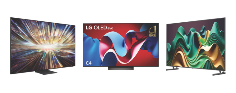 Product images of the Samsung QN800D QLED TV, the LG C4 OLED TV, and The Hisense U6NAU 4K Mini-LED QLED TV