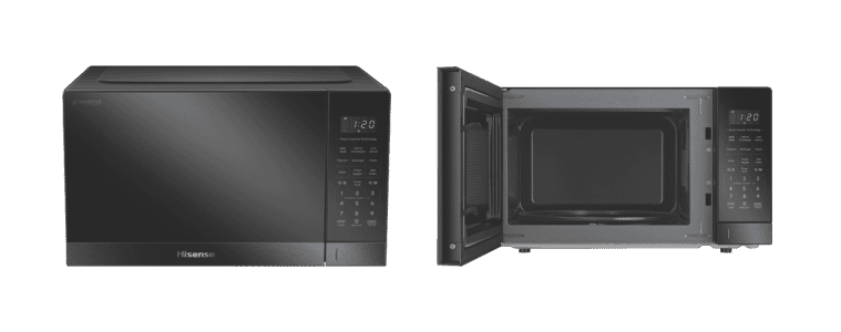 Product images of Hisense Microwave, shown open and closed.