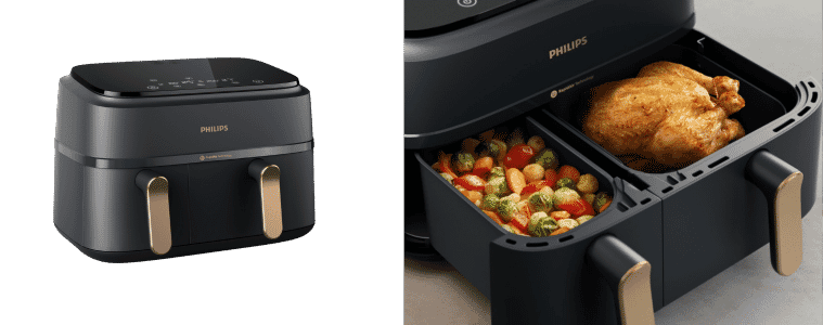 Product image of the Philips Series 3000 Dual Basket Airfryer XXXL next to a close up image of the dual drawers with food in them.