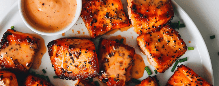 Close up image of salmon bites on a plate.