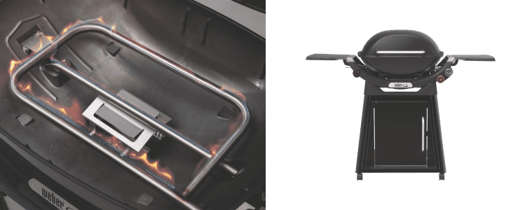 Close up image of the Weber Family Q 3100N+ LP Midnight Black barbecue grill on next to a product image of the Weber Family Q 3100N+ LP