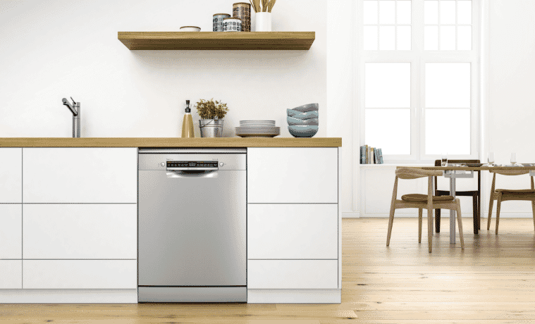 Bosch freestanding dishwasher in a neat kitchen