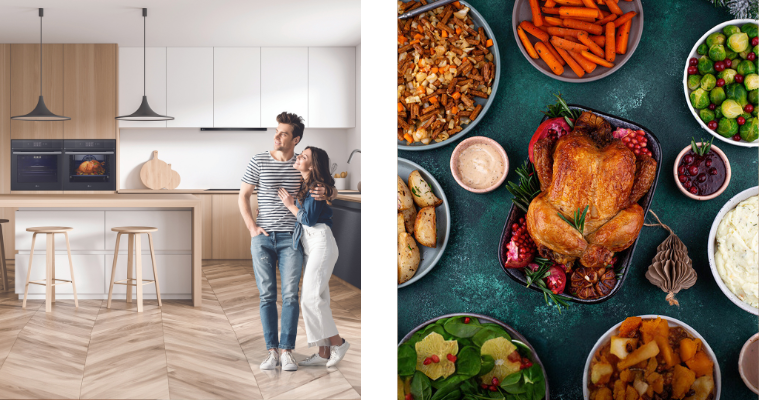 Image of a young couple in a modern kitchen with LG appliances next to an image of prepared food spread out on a table.