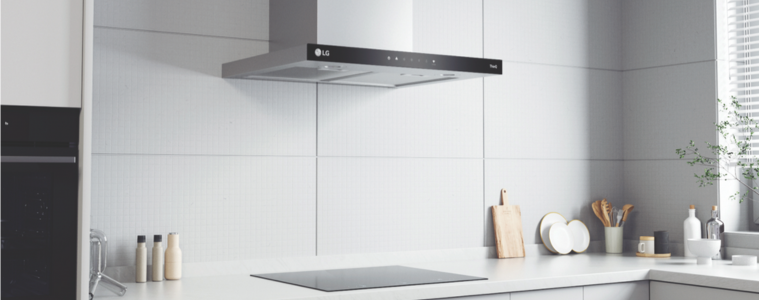 Lifestyle image of the LG 60cm Canopy Rangehood in a modern kitchen.