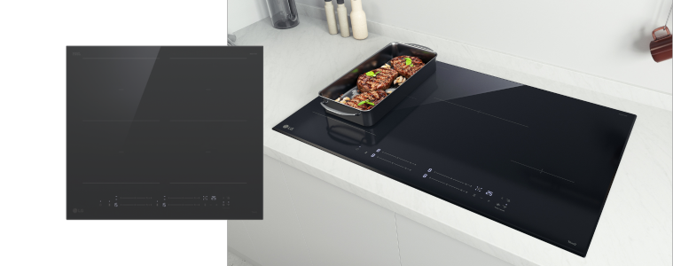 Product image of the LG 60cm Induction Cooktop next to an image of a dish cooking on the cooktop in a modern kitchen.