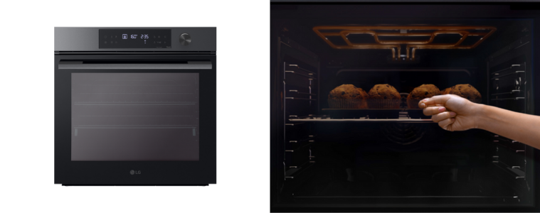 Product image of the LG 60cm Pyrolytic Oven next to an image of someone using LG's InstaView™ feature to look inside the oven.